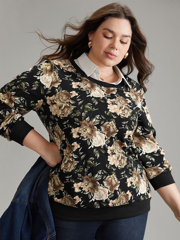 

Plus Size 2-In-1 Floral Print Shirt Collar Sweatshirt Women BlackFlower Elegant Printed Shirt collar Dailywear Sweatshirts BloomChic