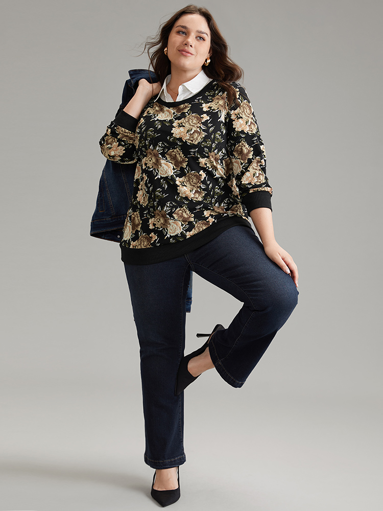 Plus Size Women Dailywear Floral Printed Regular Regular Sleeve Long Sleeve Shirt collar Elegant Sweatshirts BloomChic 