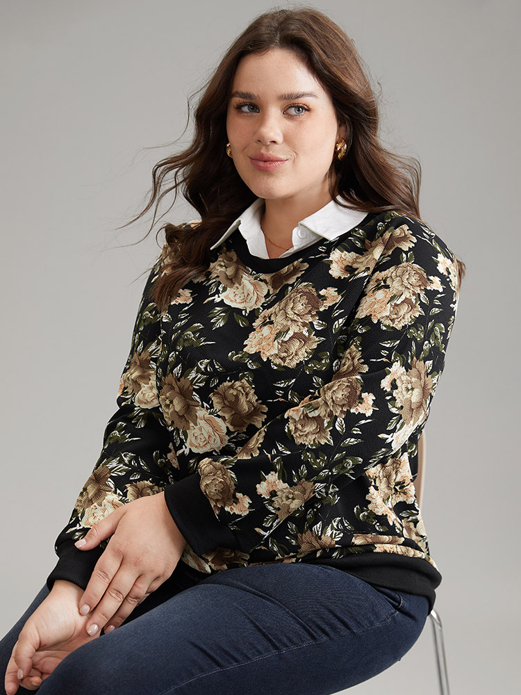 Plus Size Women Dailywear Floral Printed Regular Regular Sleeve Long Sleeve Shirt collar Elegant Sweatshirts BloomChic 