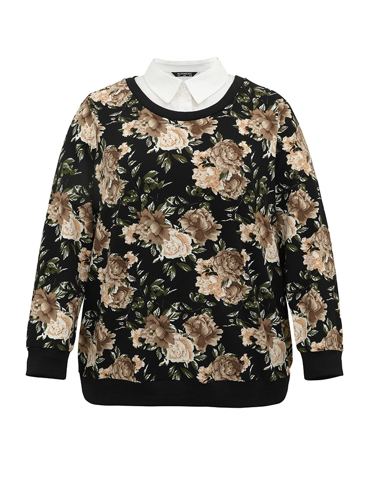 Plus Size Women Dailywear Floral Printed Regular Regular Sleeve Long Sleeve Shirt collar Elegant Sweatshirts BloomChic 