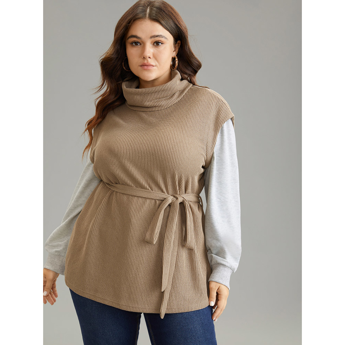 

Plus Size 2-In-1 Turtleneck Texture Patchwork Belted Sweatshirt Women LightBrown Casual Texture Turtleneck Dailywear Sweatshirts BloomChic