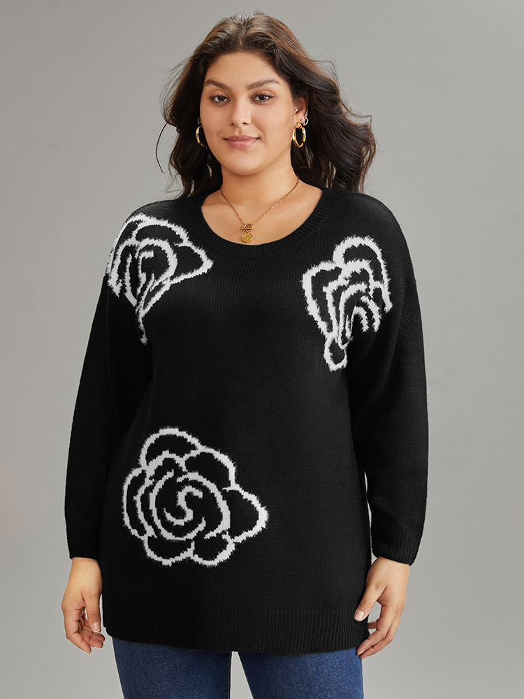 

Plus Size Floral Print Two Tone Drop Shoulder Pullover Black Women Casual Loose Long Sleeve Round Neck Dailywear Pullovers BloomChic