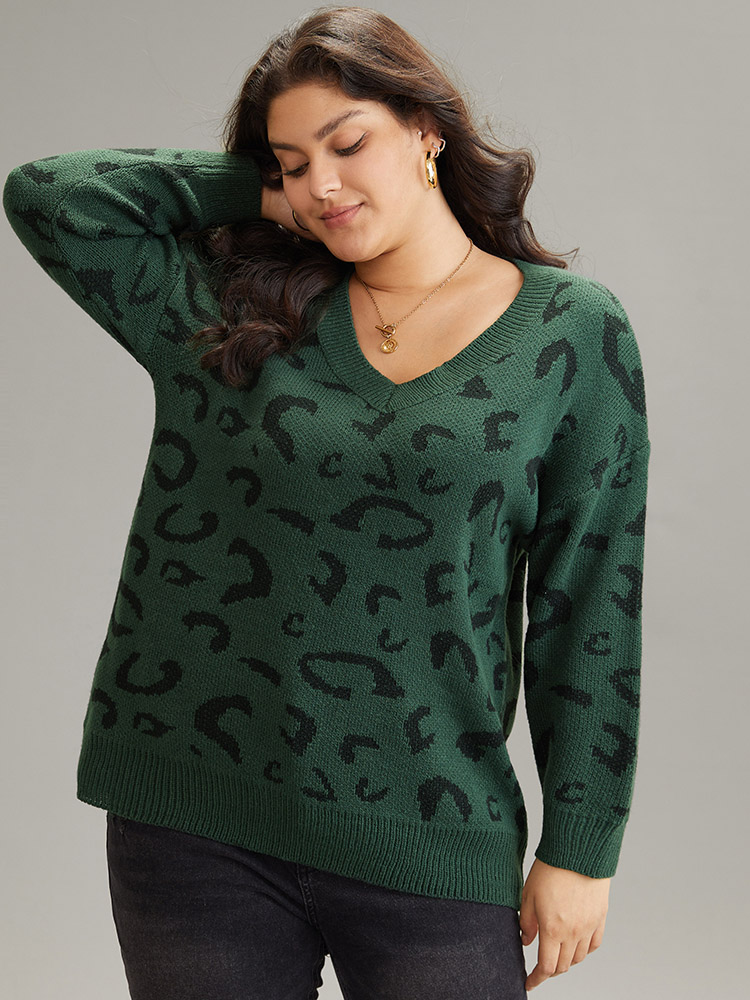 

Plus Size Supersoft Essentials Leopard Print Drop Shoulder Pullover DarkGreen Women Casual Loose Long Sleeve V-neck Dailywear Pullovers BloomChic