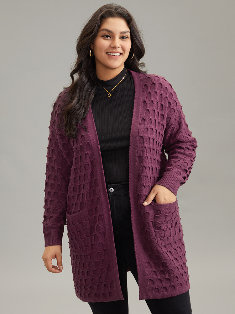 

Plus Size Open Front Plisse Patched Pocket Loose Cardigan RedViolet Women Casual Loose Long Sleeve Everyday Cardigans BloomChic