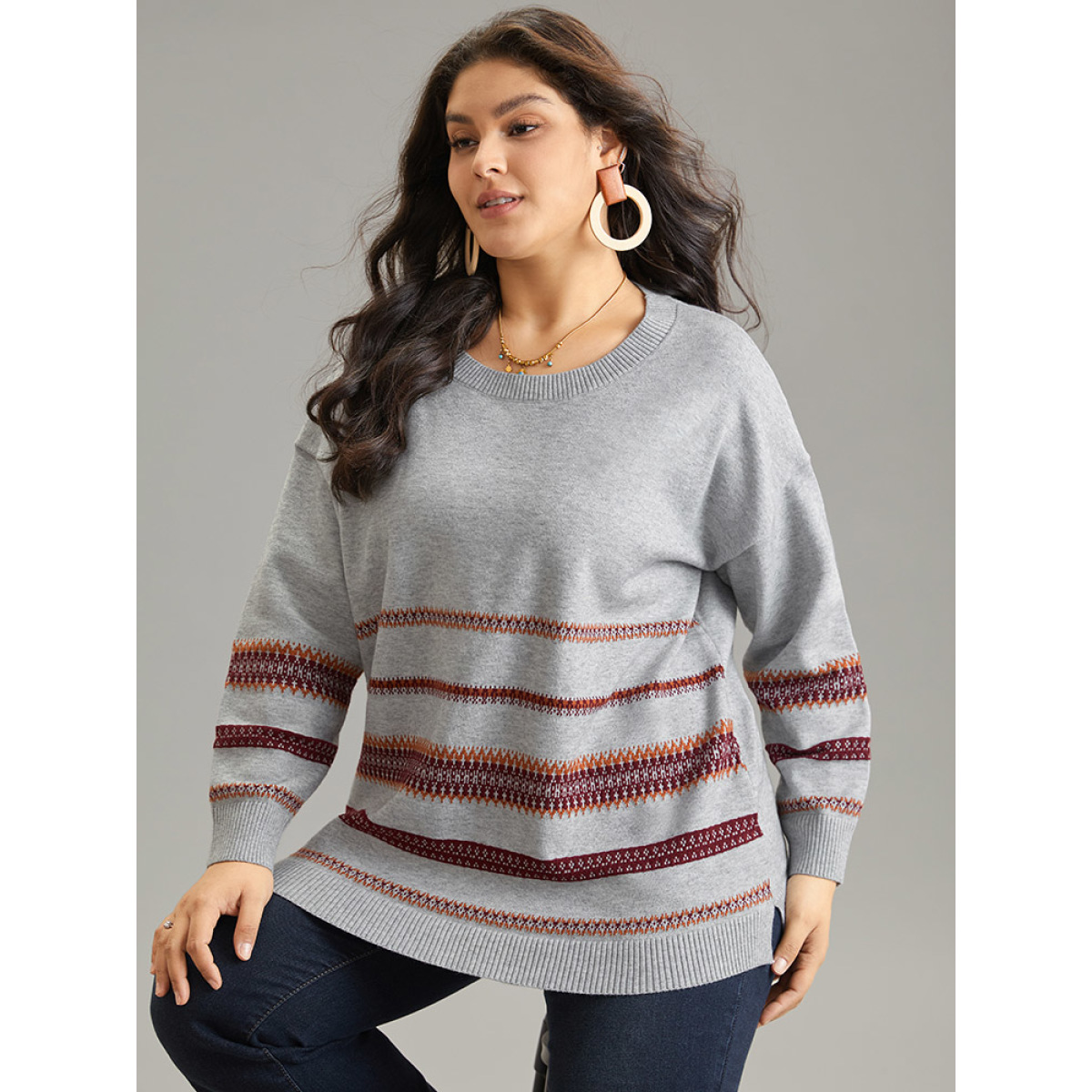 

Plus Size Supersoft Essentials Anti-Pilling Bandana Striped Pullover Silver Women Casual Loose Long Sleeve Round Neck Dailywear Pullovers BloomChic