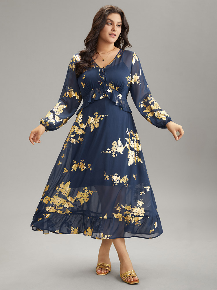 

Plus Size Silhouette Floral Print Ruffles Ties Mesh Gathered Dress Navy Women Elastic cuffs Tie Neck Long Sleeve Curvy Midi Dress BloomChic