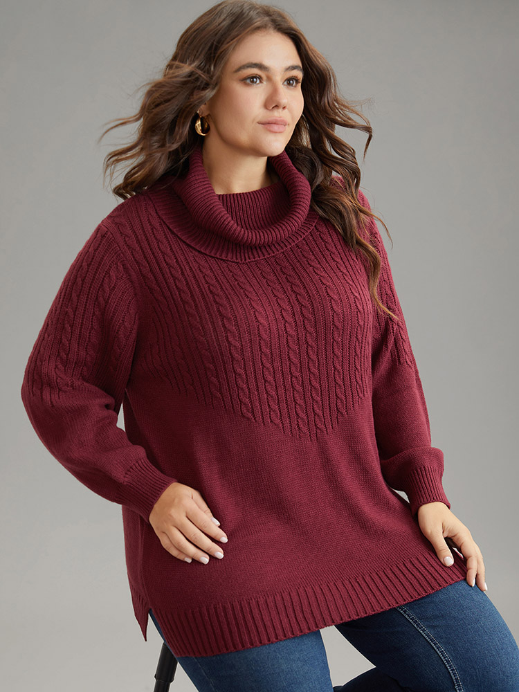 

Plus Size Anti-Pilling Cable Knit Turtle Neck Patchwork Pullover Burgundy Women Casual Loose Long Sleeve Turtleneck Dailywear Pullovers BloomChic