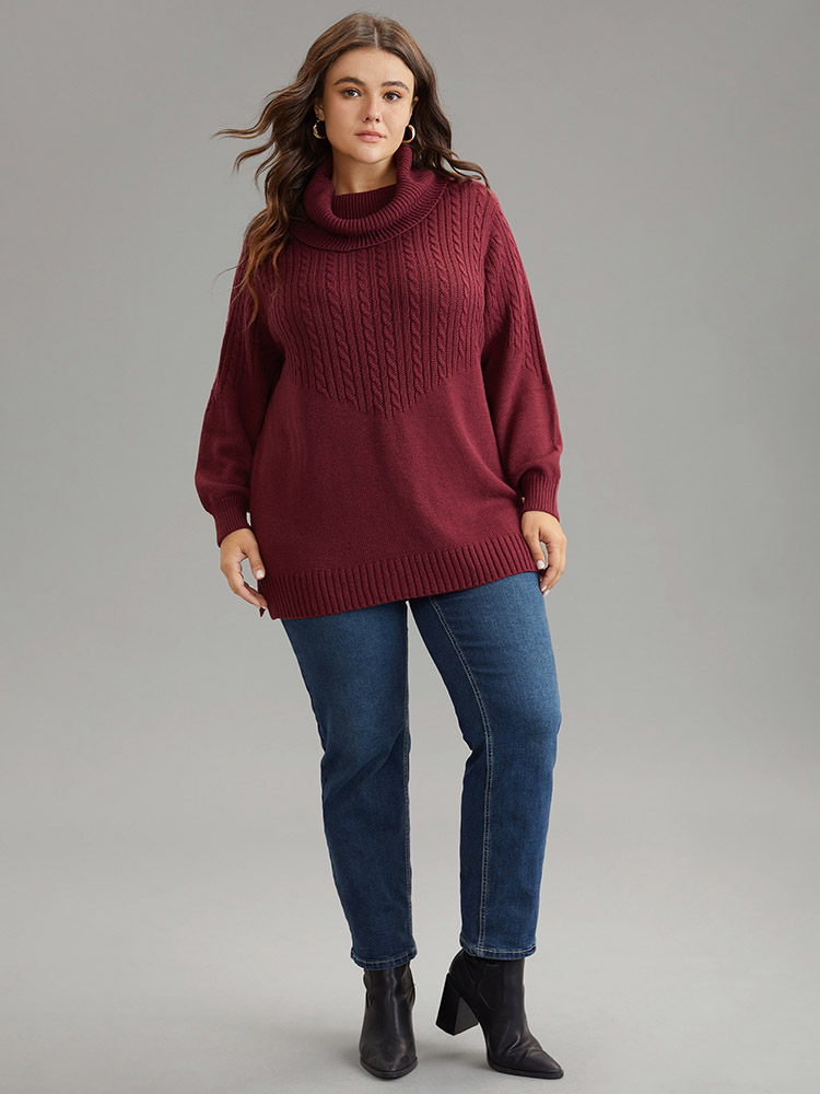 

Plus Size Anti-Pilling Cable Knit Turtle Neck Patchwork Pullover Burgundy Women Casual Loose Long Sleeve Turtleneck Dailywear Pullovers BloomChic