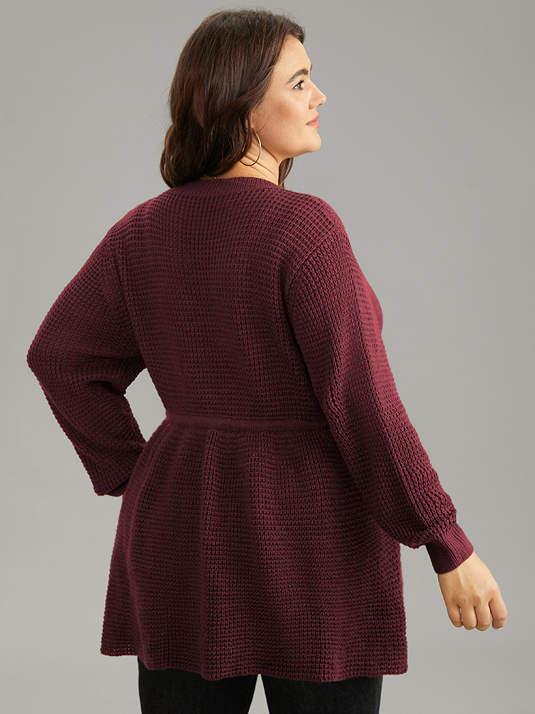 

Plus Size Solid Drawstring Curved Hem Knit Pullover Burgundy Women Casual Long Sleeve V-neck Everyday Pullovers BloomChic