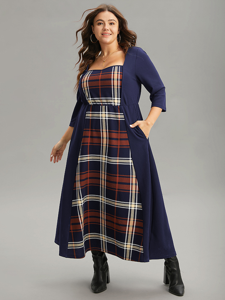 

Plus Size Plaid Patchwork Contrast Square Neck Dress DarkBlue Women Casual Printed Square Neck Elbow-length sleeve Curvy Midi Dress BloomChic