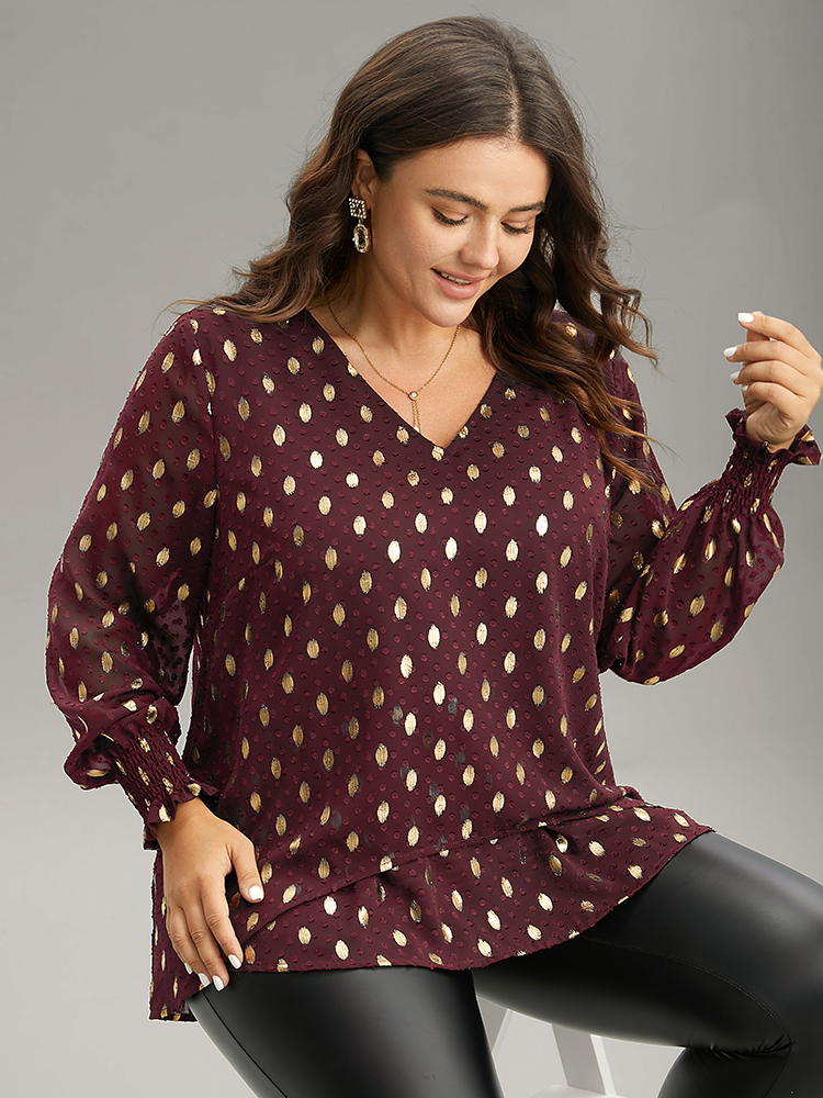 Plus Size Scarlet Glitter Polka Dot Textured Shirred Tiered Blouse Women Glamour Long Sleeve V-neck Party Blouses BloomChic 22-24/3X 