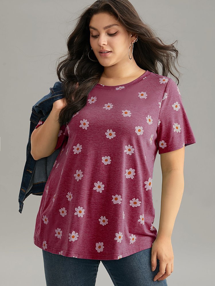 

Plus Size Small Daisy Print Round Neck T-shirt Russet Women Casual Printed Plants Round Neck Dailywear T-shirts BloomChic