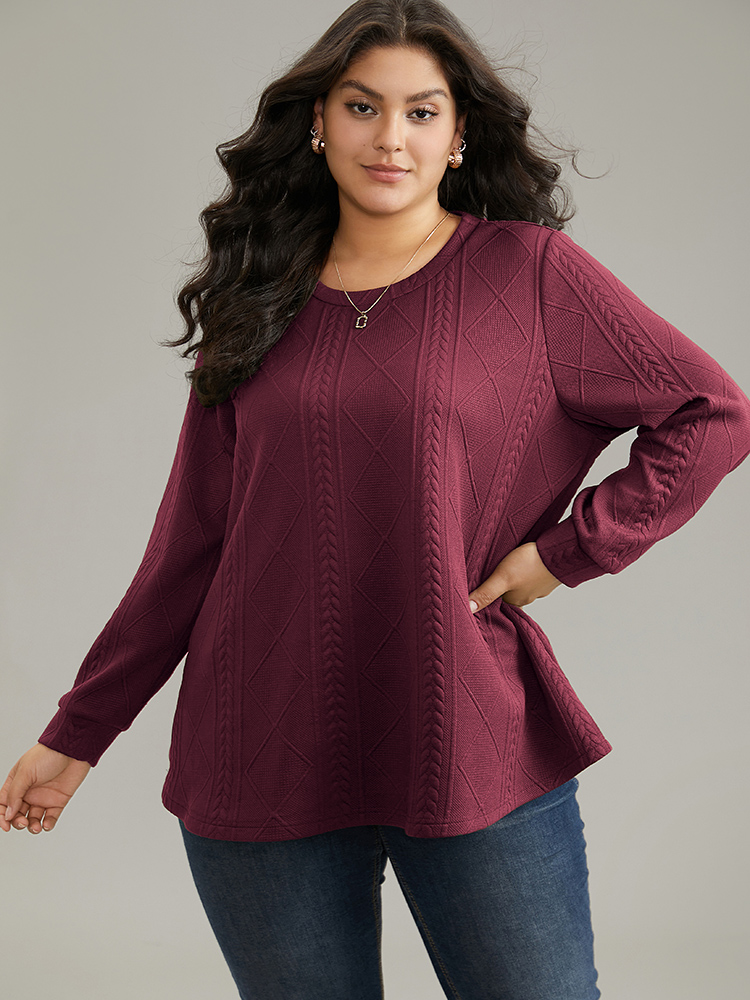 

Plus Size Plain Textured Round Neck Sweatshirt Women Burgundy Casual Non Round Neck Everyday Sweatshirts BloomChic