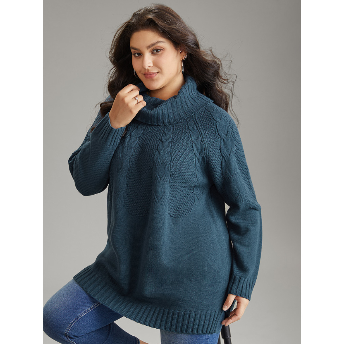 

Plus Size Solid Turtle Neck Cable Knit Pullover Cyan Women Casual Loose Long Sleeve Turtleneck Dailywear Pullovers BloomChic