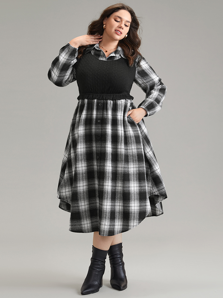 

Plus Size Plaid Patchwork Jacquard Button Detail Arc Hem Dress Black Women Casual Elastic cuffs Shirt collar Long Sleeve Curvy Midi Dress BloomChic