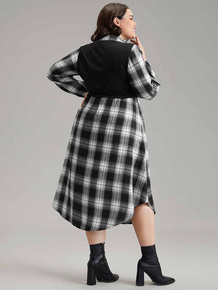 Plus Size Plaid Patchwork Jacquard Button Detail Arc Hem Dress Black Women Casual Elastic cuffs Shirt collar Long Sleeve Curvy Midi Dress BloomChic 26/4X 