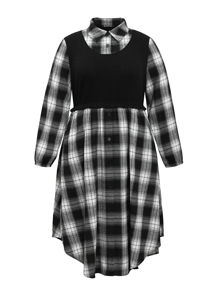 

Plus Size Plaid Patchwork Jacquard Button Detail Arc Hem Dress Black Women Casual Elastic cuffs Shirt collar Long Sleeve Curvy Midi Dress BloomChic