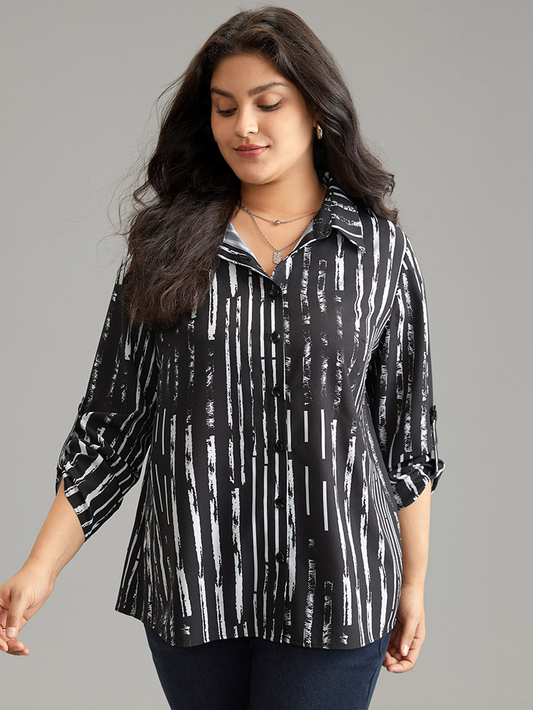 Plus Size Women Work Striped Contrast Regular Sleeve Long Sleeve Shirt collar Office Blouses BloomChic 