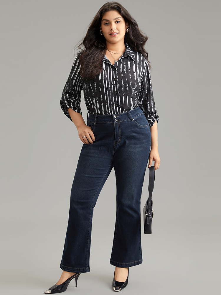 Plus Size Women Work Striped Contrast Regular Sleeve Long Sleeve Shirt collar Office Blouses BloomChic 