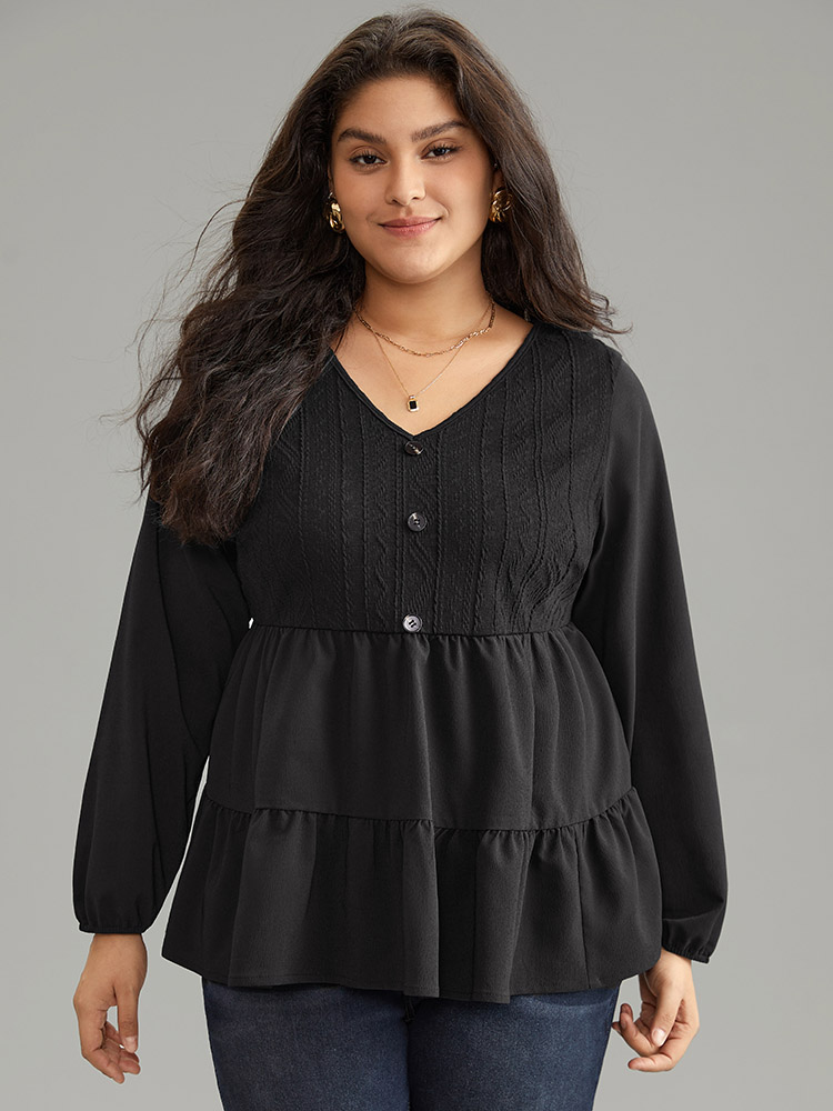 

Plus Size Black Solid Textured Button Detail Ruffle Layered Hem Blouse Women Casual Long Sleeve V-neck Work Blouses BloomChic