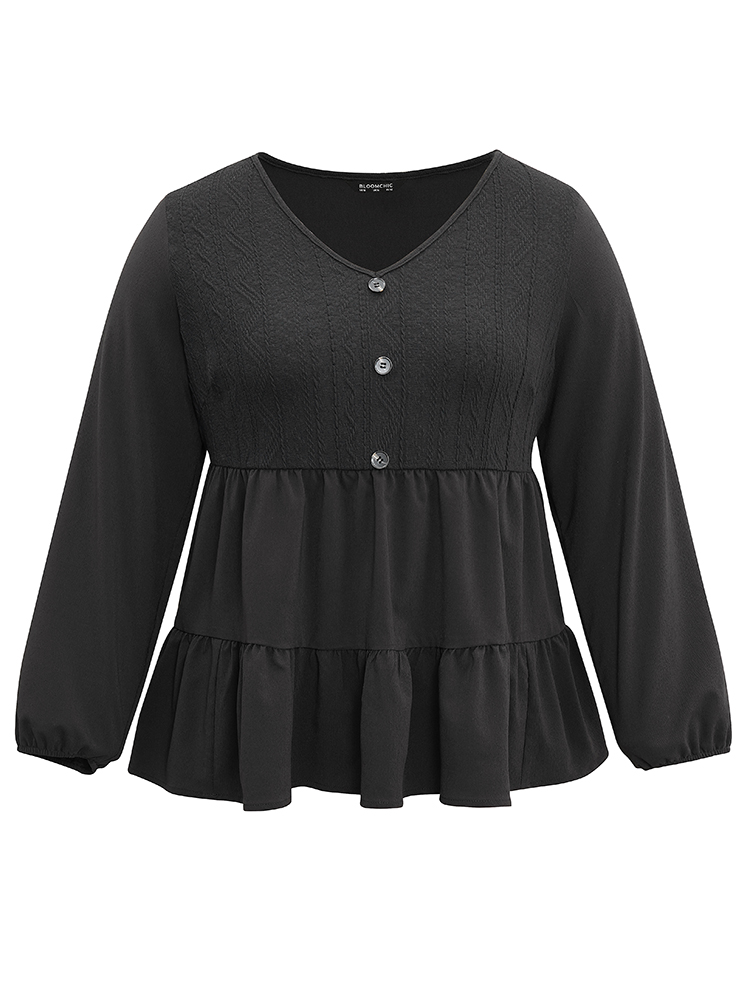 

Plus Size Black Solid Textured Button Detail Ruffle Layered Hem Blouse Women Casual Long Sleeve V-neck Work Blouses BloomChic