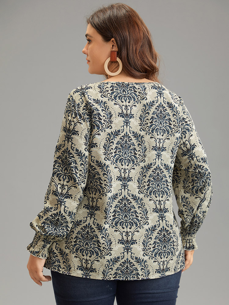 Plus Size Multicolor Bandana Print Keyhole Shirred Lantern Sleeve Blouse Women Vacation Long Sleeve Keyhole Cut-Out Vacation Blouses BloomChic 14-16/1X 