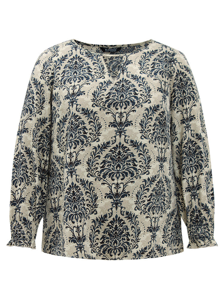 Plus Size Multicolor Bandana Print Keyhole Shirred Lantern Sleeve Blouse Women Vacation Long Sleeve Keyhole Cut-Out Vacation Blouses BloomChic 14-16/1X 
