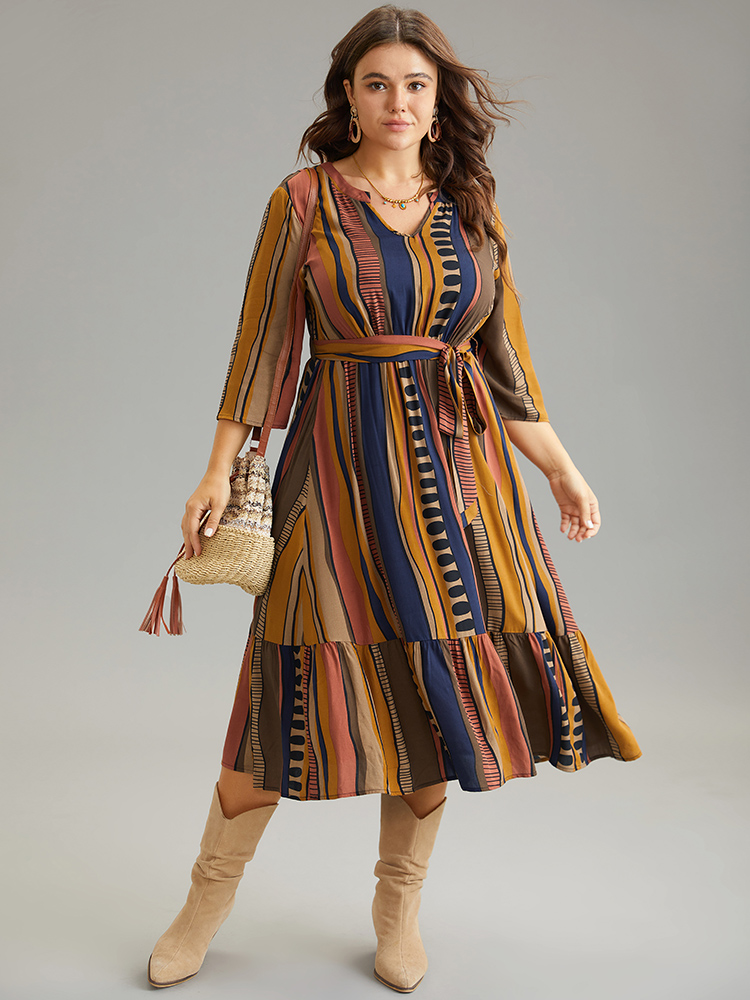

Plus Size Cotton Striped Colorblock Belted Notched Dress Chocolate Women Belted Notched collar Elbow-length sleeve Curvy Midi Dress BloomChic