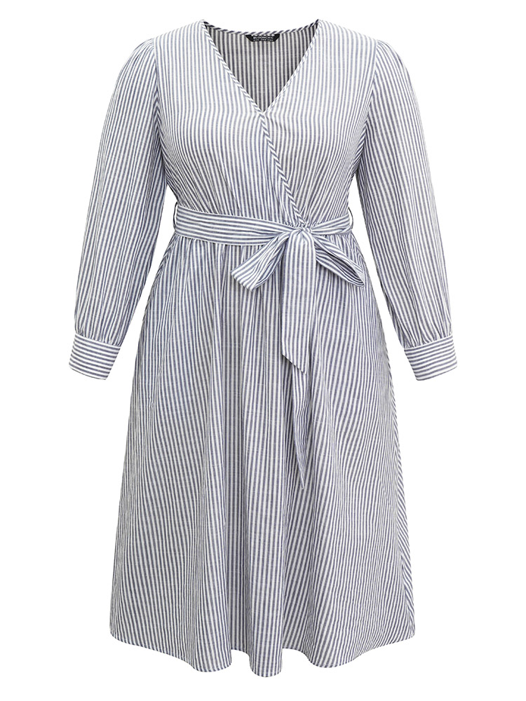 

Plus Size Cotton Striped Belted Overlap Collar Dress SlateGray Women Wrap Overlap Collar Long Sleeve Curvy Midi Dress BloomChic