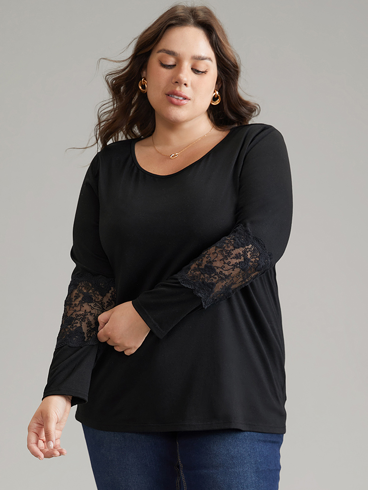 

Plus Size Guipure Lace Plain Mesh T-shirt Black Women Casual See through Plain Round Neck Everyday T-shirts BloomChic