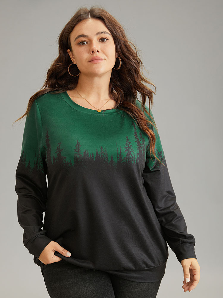 

Plus Size Ombre Forest Contrast Crew Neck Sweatshirt Women DarkGreen Casual Printed Round Neck Dailywear Sweatshirts BloomChic