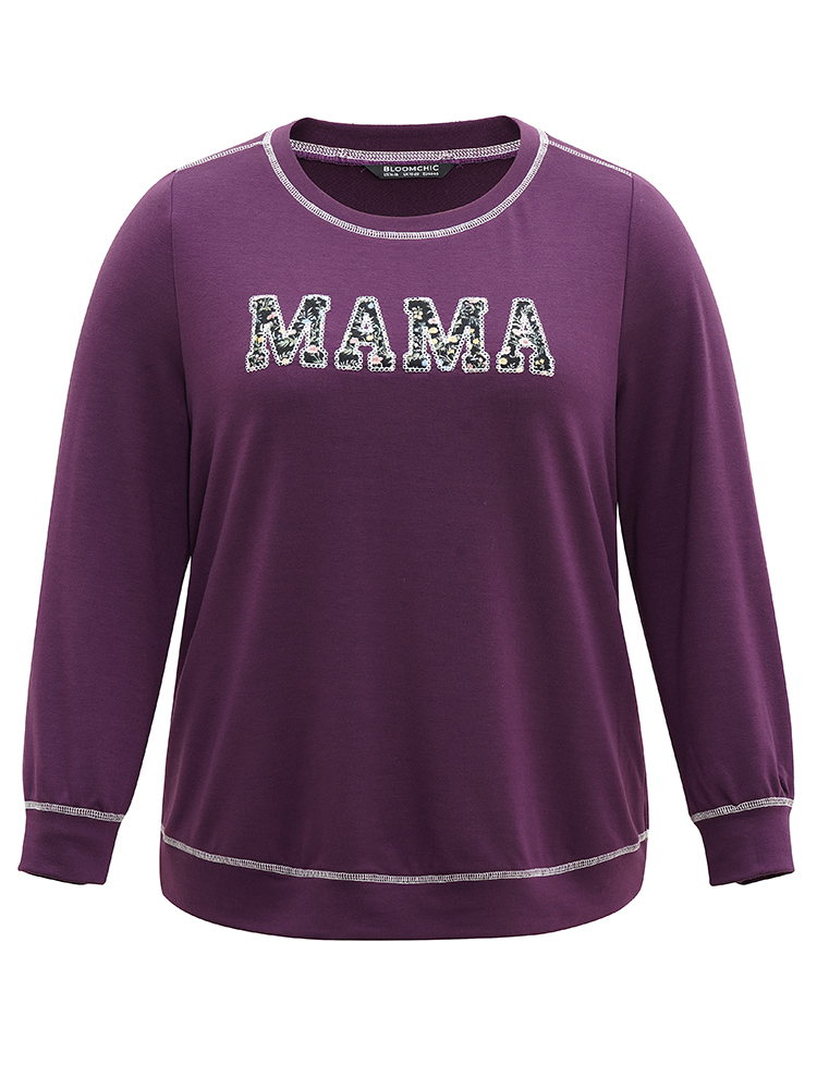 

Plus Size Mom Embroidered Contrast Round Neck Sweatshirt Women Eggplant Casual Contrast Round Neck Dailywear Sweatshirts BloomChic