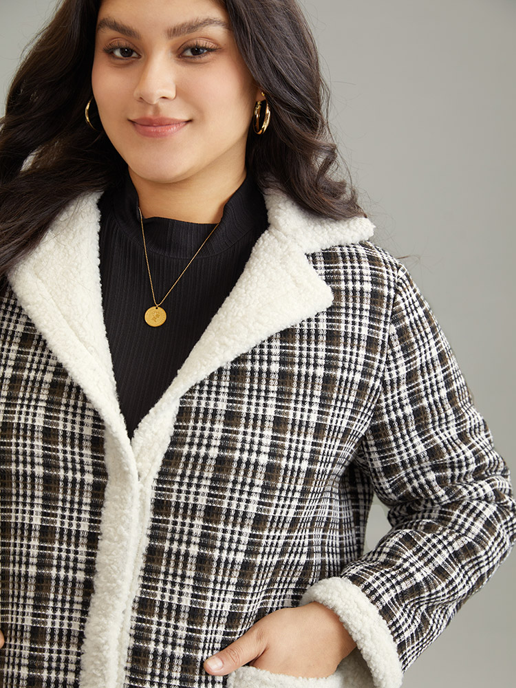 

Plus Size Plaid Fuzzy Trim Patchwork Lapel Collar Pocket Coat Women Black Casual Contrast Ladies Everyday Winter Coats BloomChic