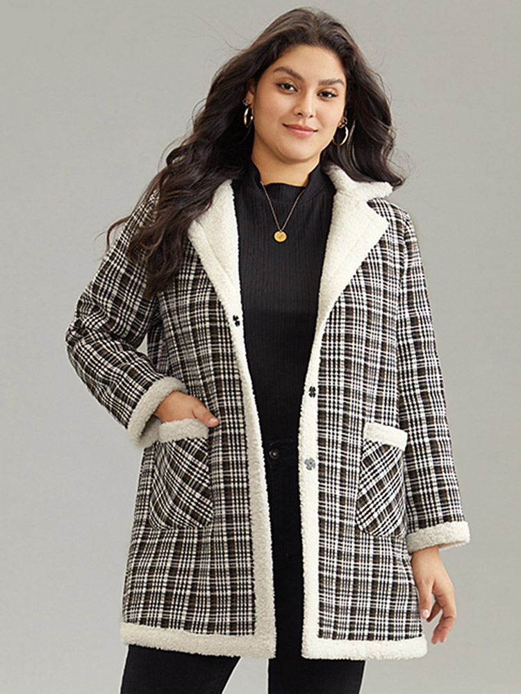 

Plus Size Plaid Fuzzy Trim Patchwork Lapel Collar Pocket Coat Women Black Casual Contrast Ladies Everyday Winter Coats BloomChic