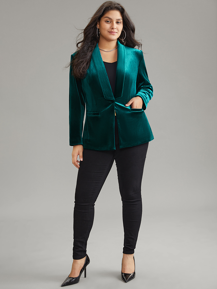 Plus Size Solid Velvet Button Up Lapel Collar Blazer Green Women Dailywear Plain Lined Sleeve Long Sleeve Lapel Collar 30/6X Pocket Elegant Blazers BloomChic 