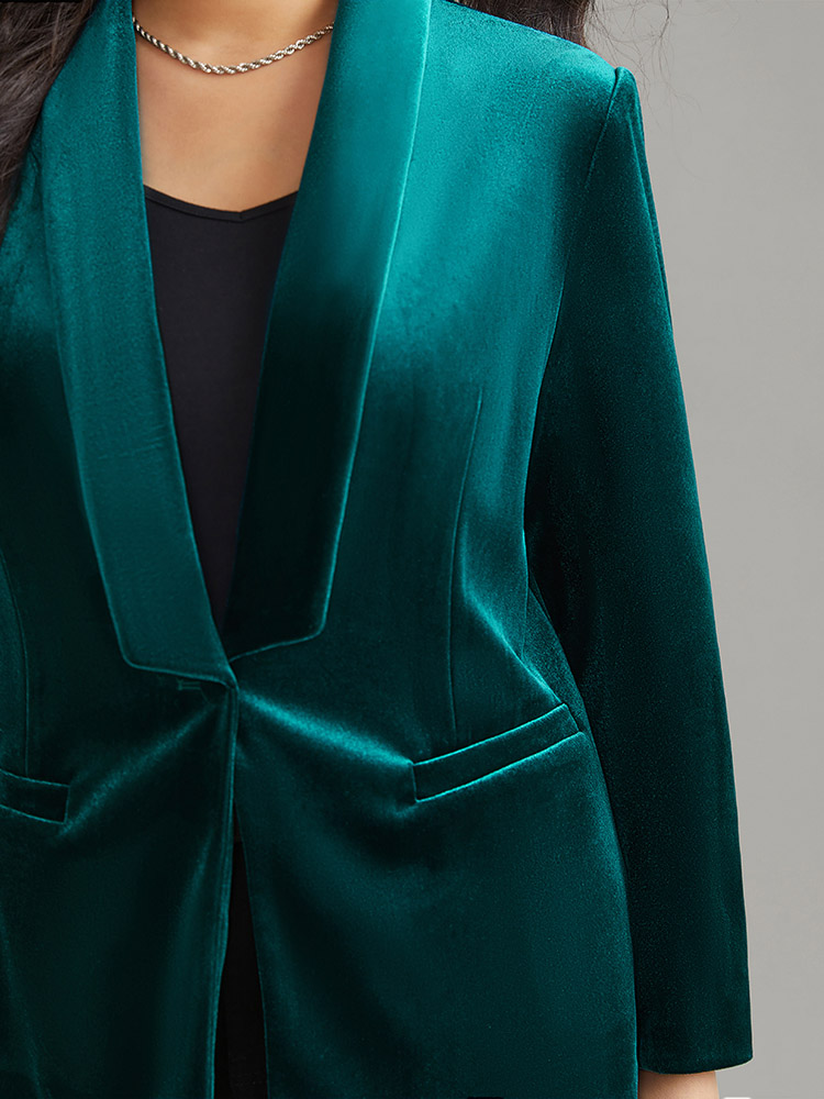 Plus Size Solid Velvet Button Up Lapel Collar Blazer Green Women Dailywear Plain Lined Sleeve Long Sleeve Lapel Collar 30/6X Pocket Elegant Blazers BloomChic 