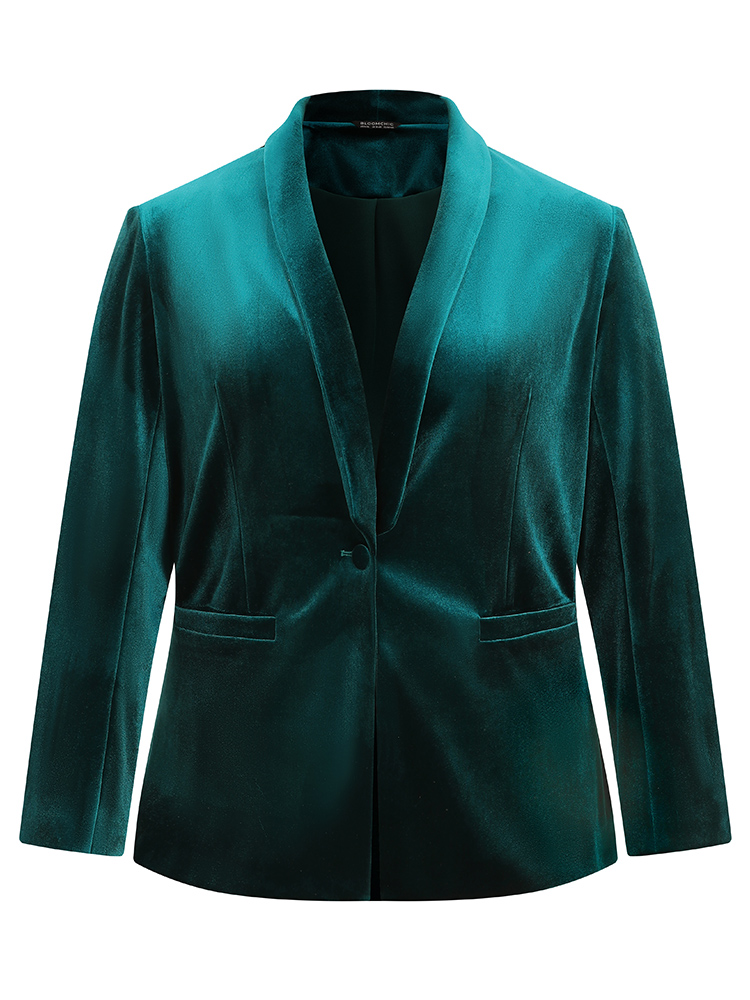 Plus Size Solid Velvet Button Up Lapel Collar Blazer Green Women Dailywear Plain Lined Sleeve Long Sleeve Lapel Collar 30/6X Pocket Elegant Blazers BloomChic 