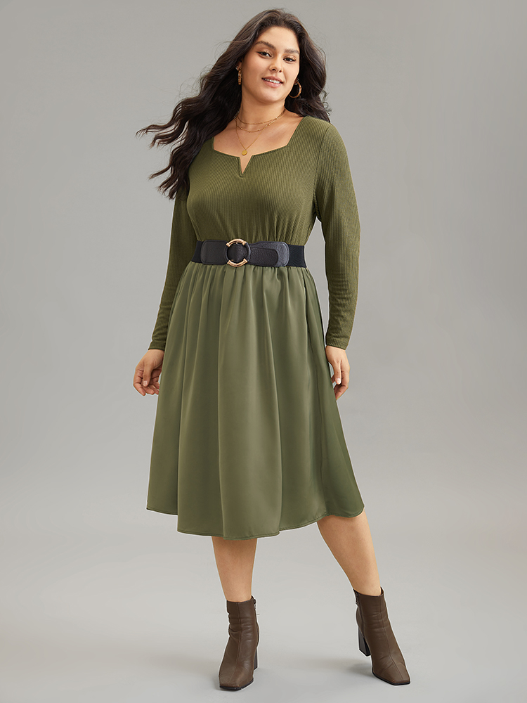 

Plus Size Twill Patchwork Elastic Waist Gathered Dress Olive Women Casual Texture Notched collar Long Sleeve Curvy Midi Dress BloomChic
