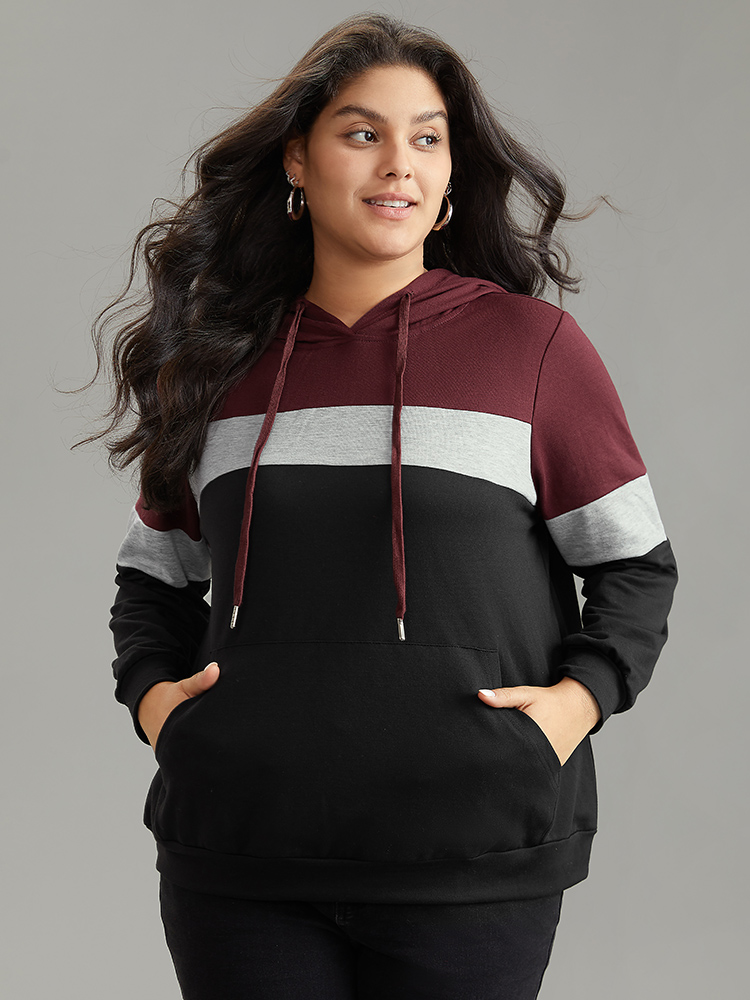 Plus Size Women Everyday Plain Contrast Regular Regular Sleeve Long Sleeve Hooded Pocket Casual Sweatshirts BloomChic 