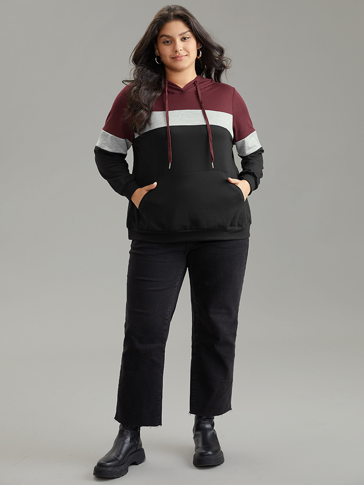 Plus Size Women Everyday Plain Contrast Regular Regular Sleeve Long Sleeve Hooded Pocket Casual Sweatshirts BloomChic 