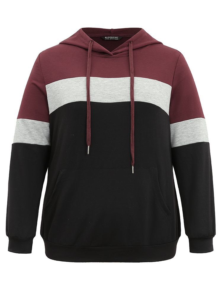 Plus Size Women Everyday Plain Contrast Regular Regular Sleeve Long Sleeve Hooded Pocket Casual Sweatshirts BloomChic 
