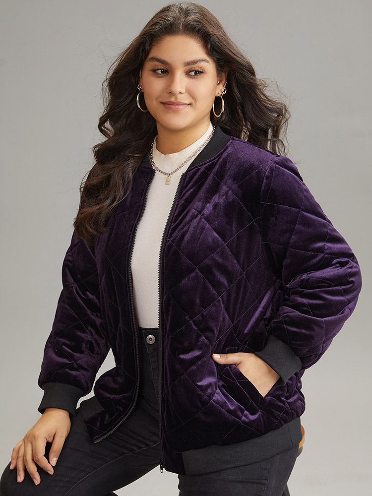 

Plus Size Velvet Zipper Fly Pocket Quilted Padded Jacket Women Eggplant Velvet Pocket Dailywear Jackets BloomChic