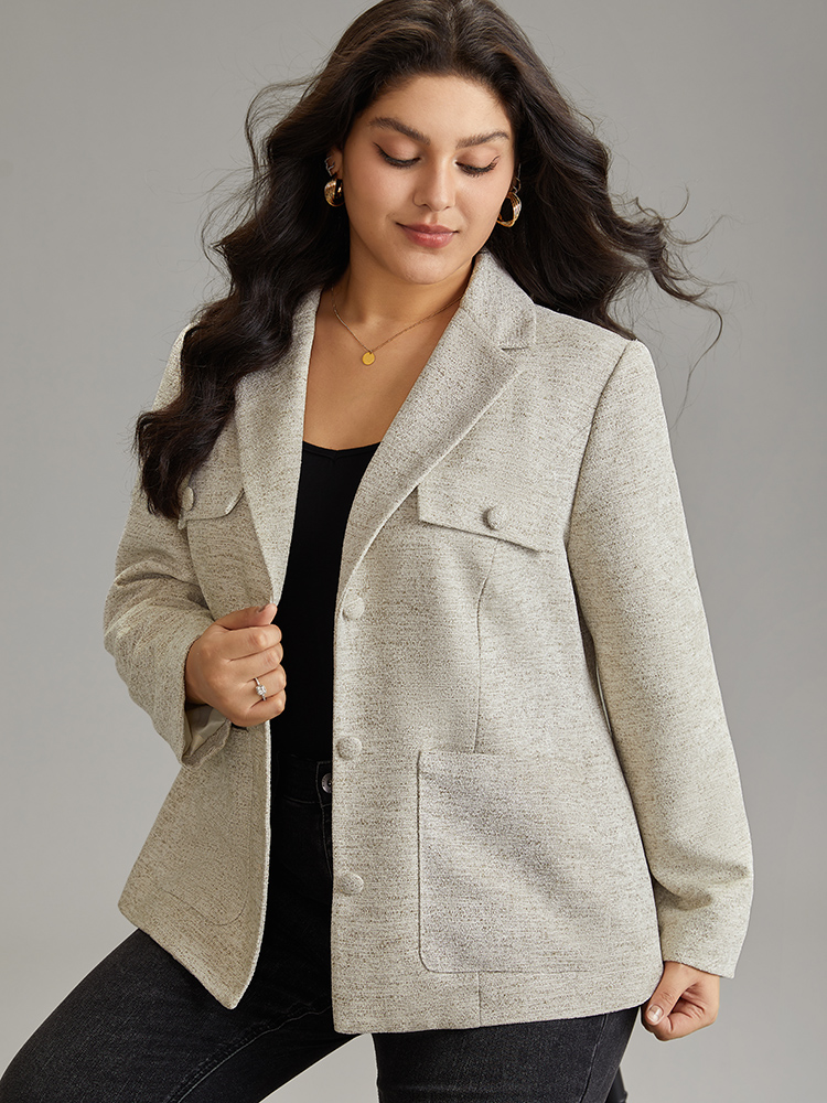 

Plus Size Solid Tweed Suit Collar Button Up Blazer Beige Women Work Plain Lined Sleeve Long Sleeve Suit Collar  Pocket At the Office Blazers BloomChic