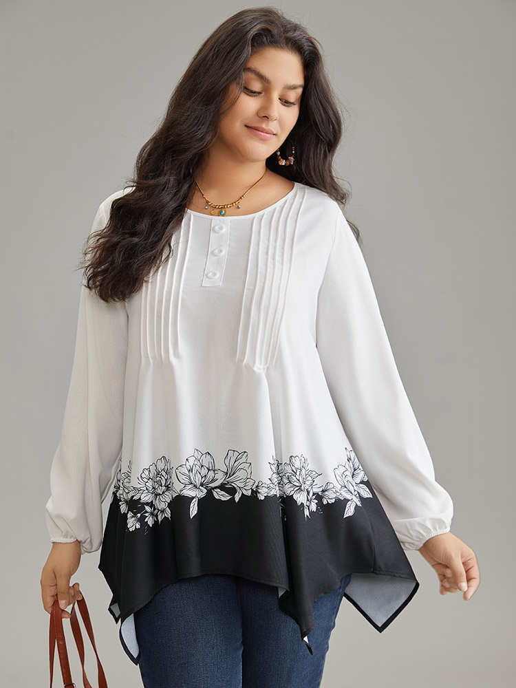 Plus Size Women Vacation Bohemian Print Elastic cuffs Lantern Sleeve Long Sleeve Round Neck Vacation Blouses BloomChic 