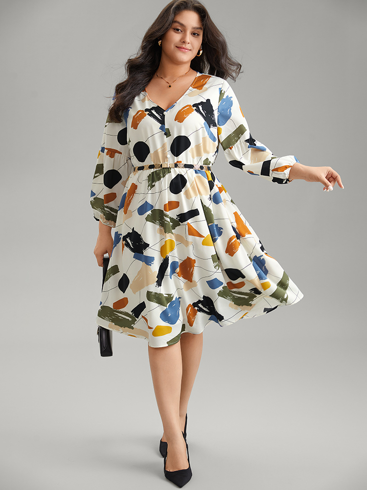 

Plus Size Colored Brush Print Pocket Button Detail Dress Ivory Women At the Office Elastic cuffs V-neck Long Sleeve Curvy Midi Dress BloomChic