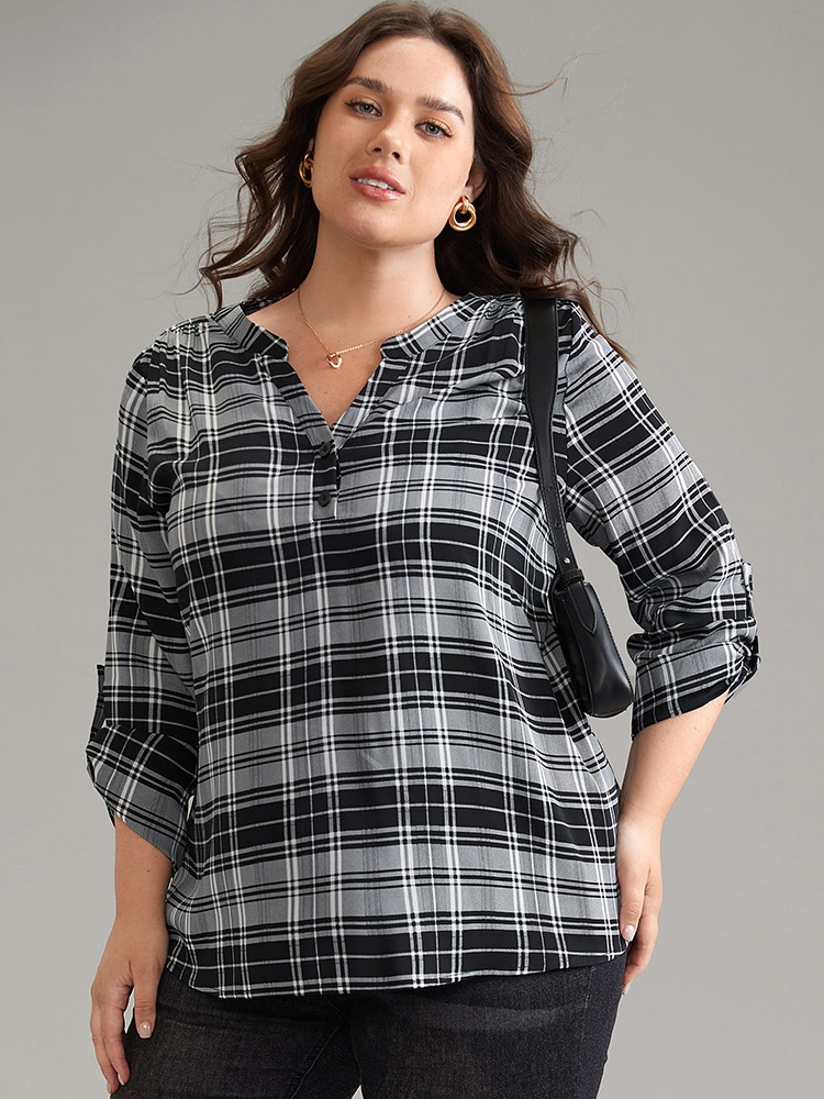 

Plus Size Black Plaid Notched Button Up Tab Sleeve Blouse Women Office Elbow-length sleeve Notched collar Work Blouses BloomChic