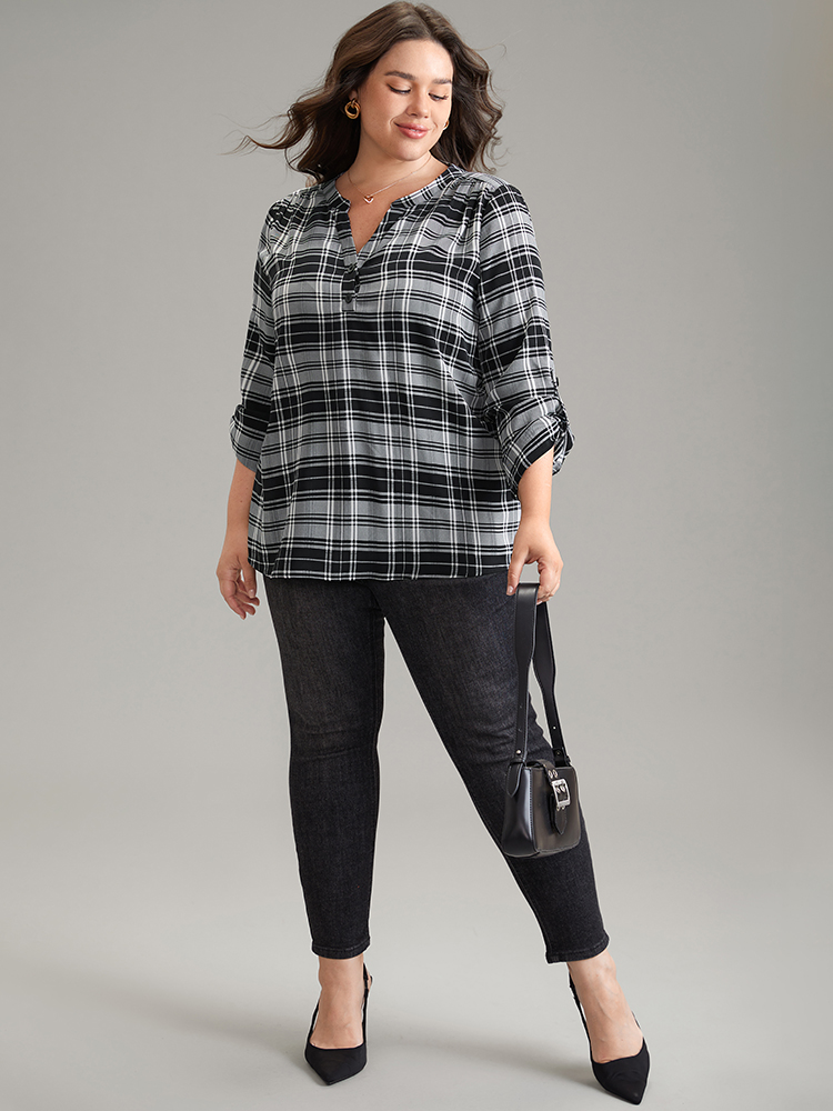 Plus Size Women Work Plaid Button Regular Sleeve Elbow-length sleeve Notched collar Office Blouses BloomChic 