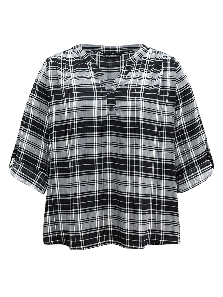 Plus Size Women Work Plaid Button Regular Sleeve Elbow-length sleeve Notched collar Office Blouses BloomChic 