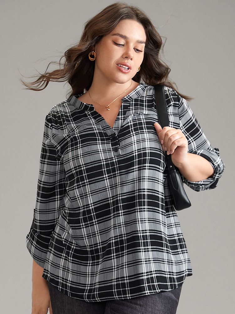 Plus Size Women Work Plaid Button Regular Sleeve Elbow-length sleeve Notched collar Office Blouses BloomChic 