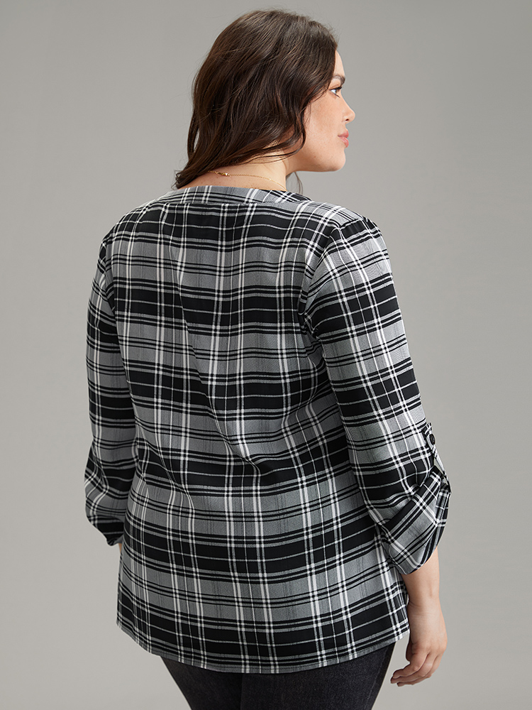Plus Size Women Work Plaid Button Regular Sleeve Elbow-length sleeve Notched collar Office Blouses BloomChic 